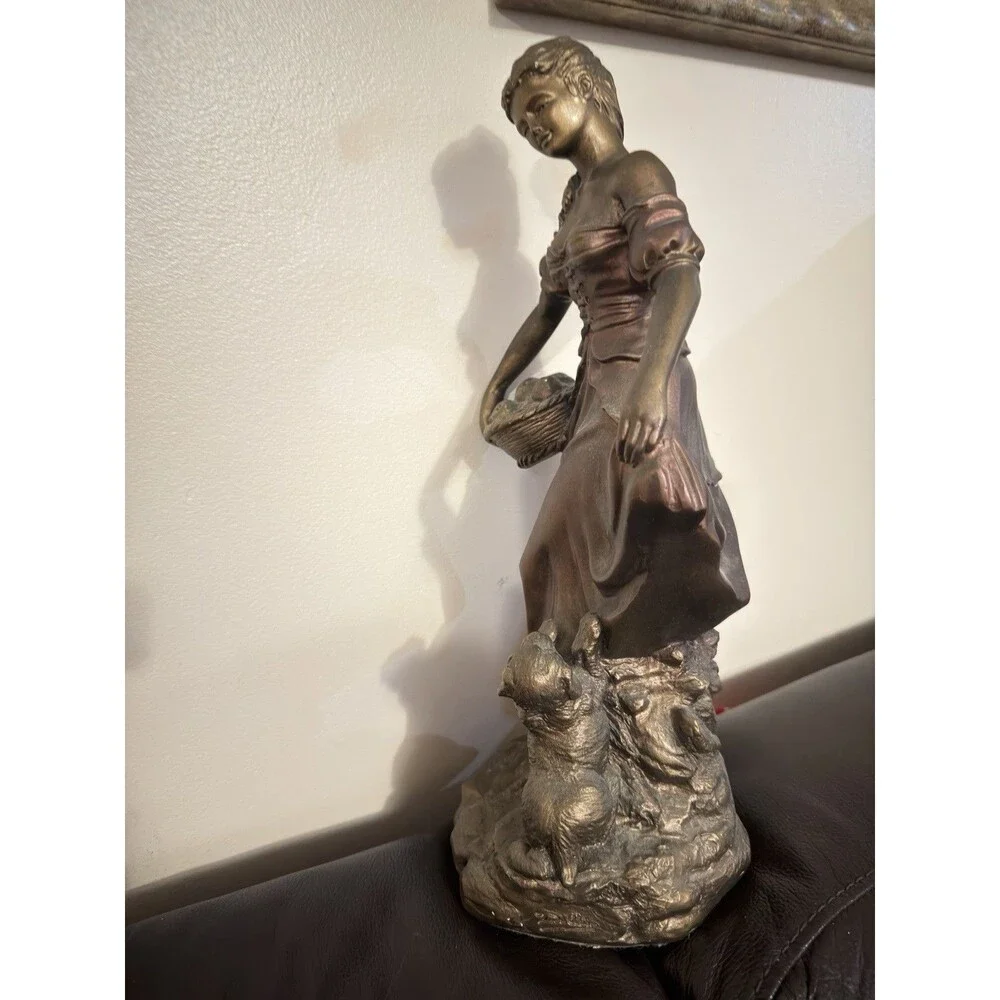 Vintage 1993 Austin Sculpture Morning Walk Woman Fruit Basket Dog 14.5” Statue